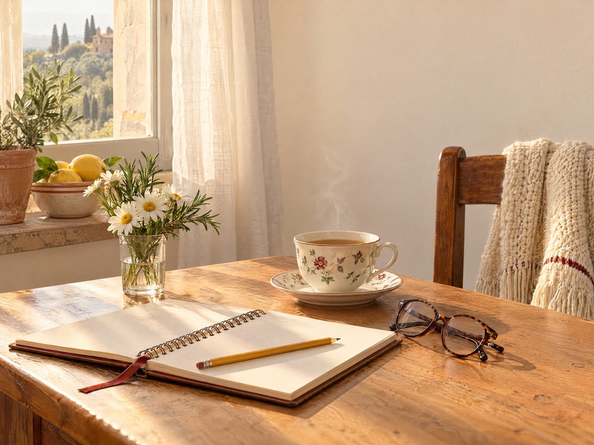Un tavolo di cucina vicino alla finestra, con una tazza di tè, un quaderno aperto, gli occhiali e un bicchiere di margherite